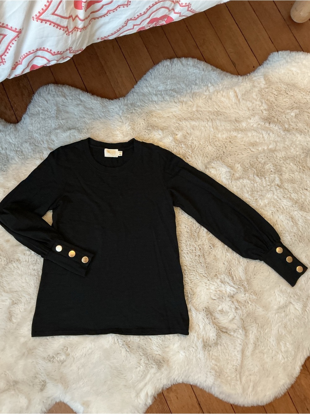 Nation LTD Thick Black Crew Neck Shirt with Gold Buttons